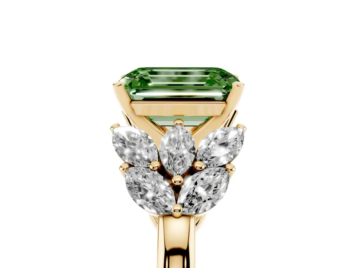 Fancy Green Emerald Cut Diamond Cluster Leaf Design Ring with Prong Setting Yellow gold
