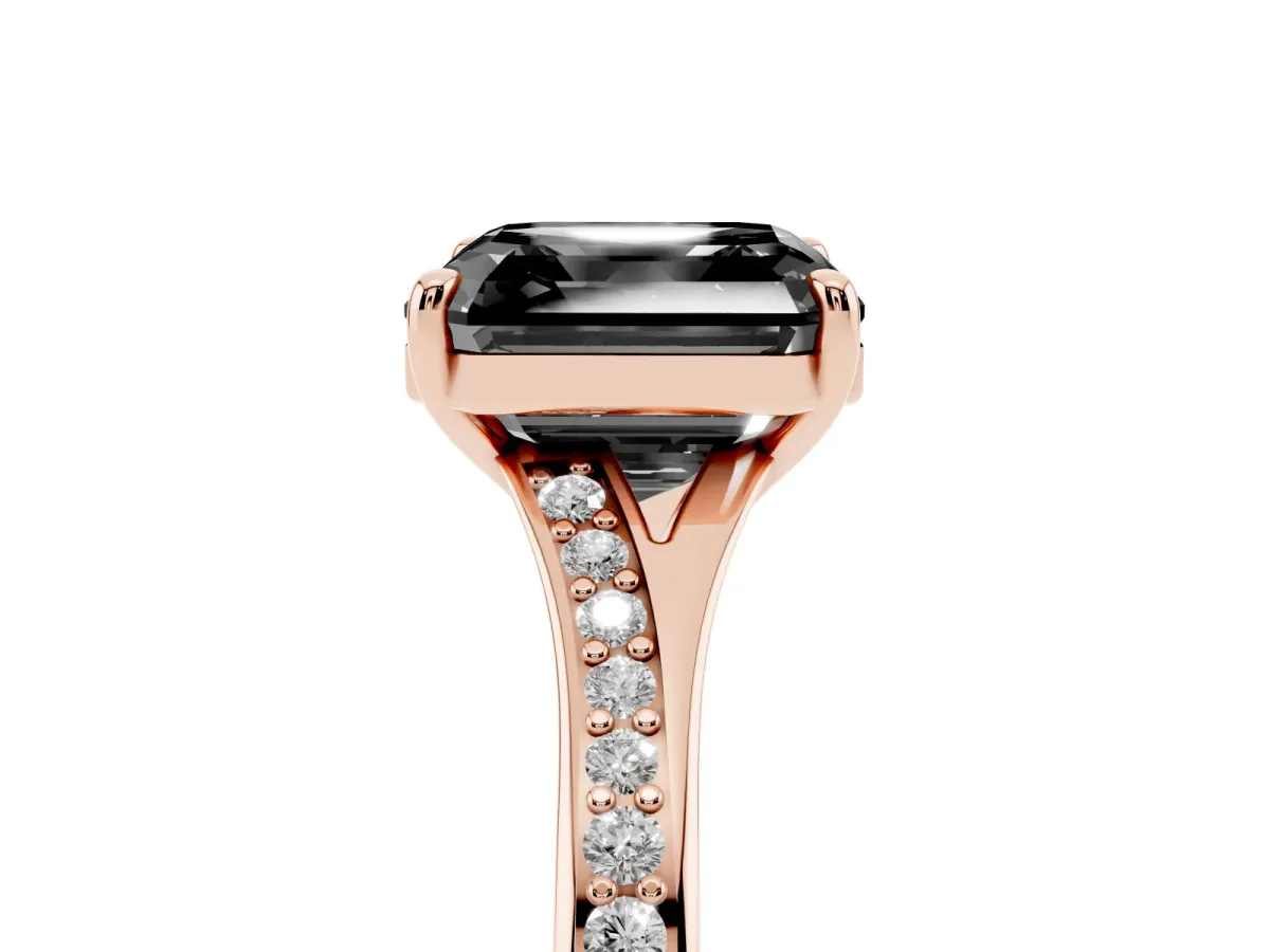 Fancy Black Asscher Cut Diamond Solitaire Ring with Pavé Band and Prong Setting Rose gold