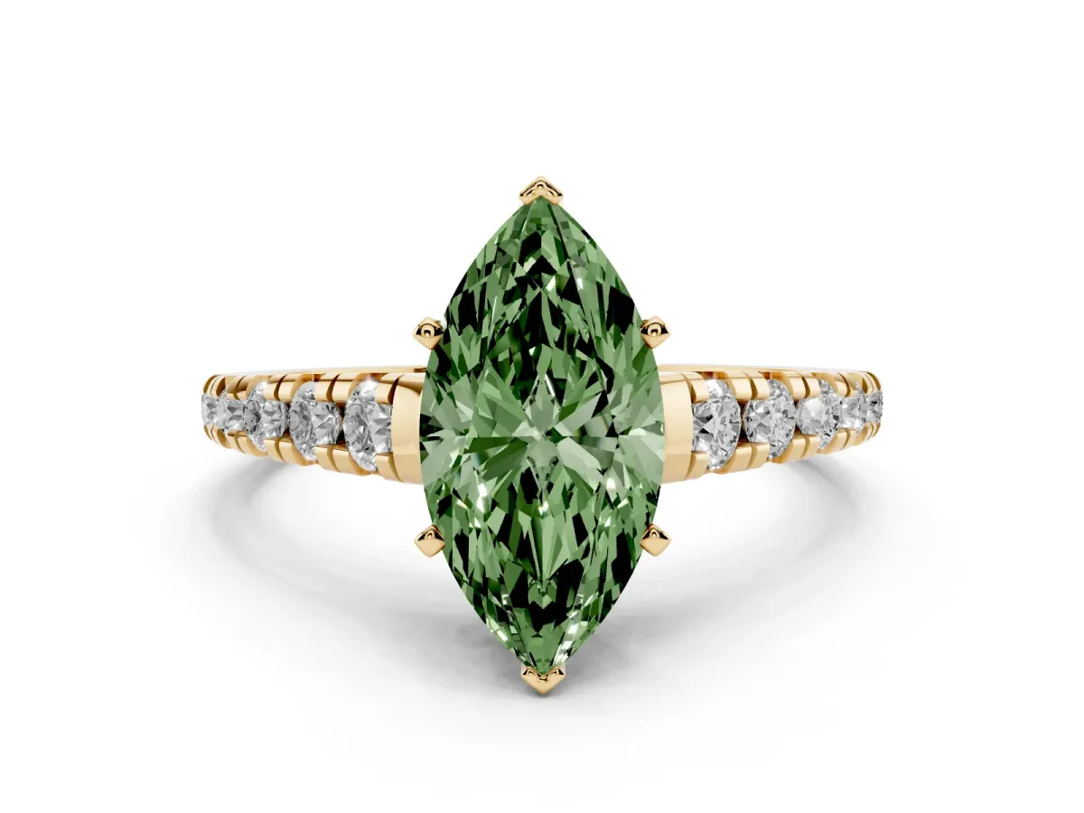 Fancy Green Marquise Cut Diamond Cathedral Solitaire Ring with Round Pavé Band Yellow gold