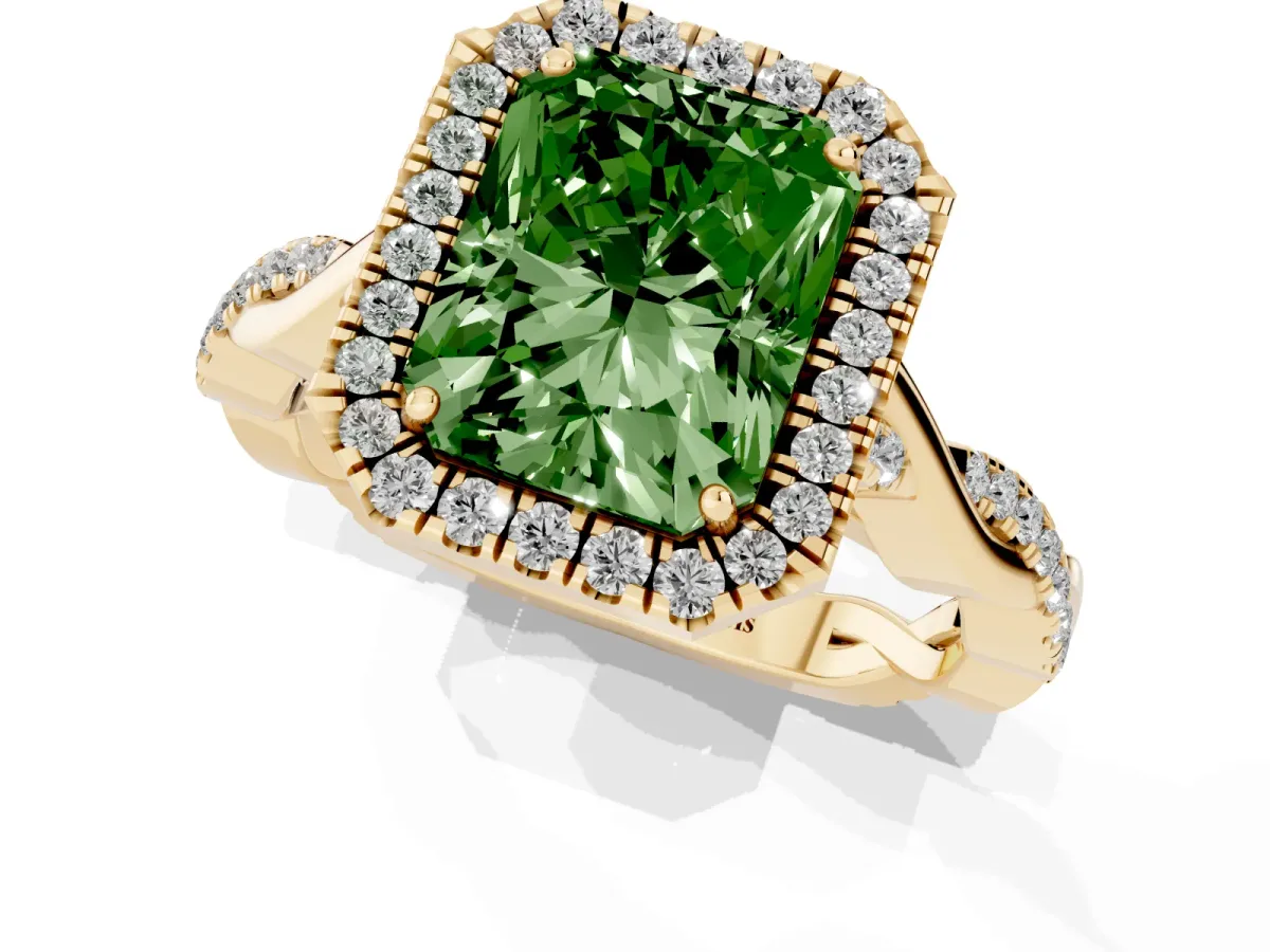Fancy Green Radiant Cut Halo Twist Band Solitaire Ring Yellow gold