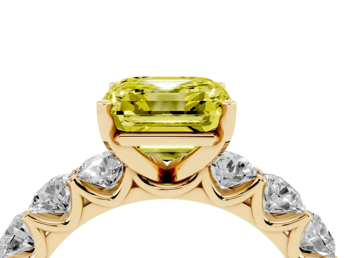 Fancy Yellow Asscher Cut Diamond Prong Setting with Side Stones on a Pave Band Yellow gold
