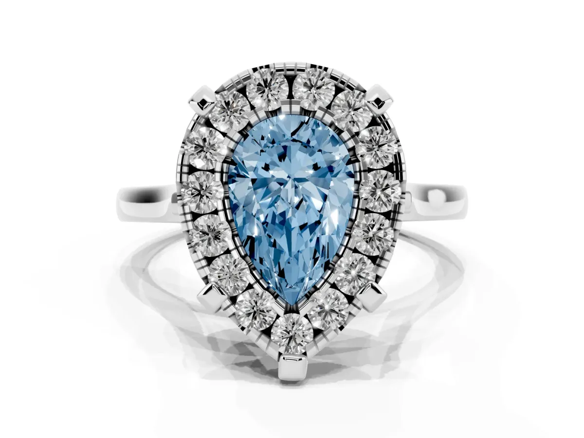 Fancy Blue Pear Cut Diamond Cluster Halo Solitaire with Four-Prong Setting Silver