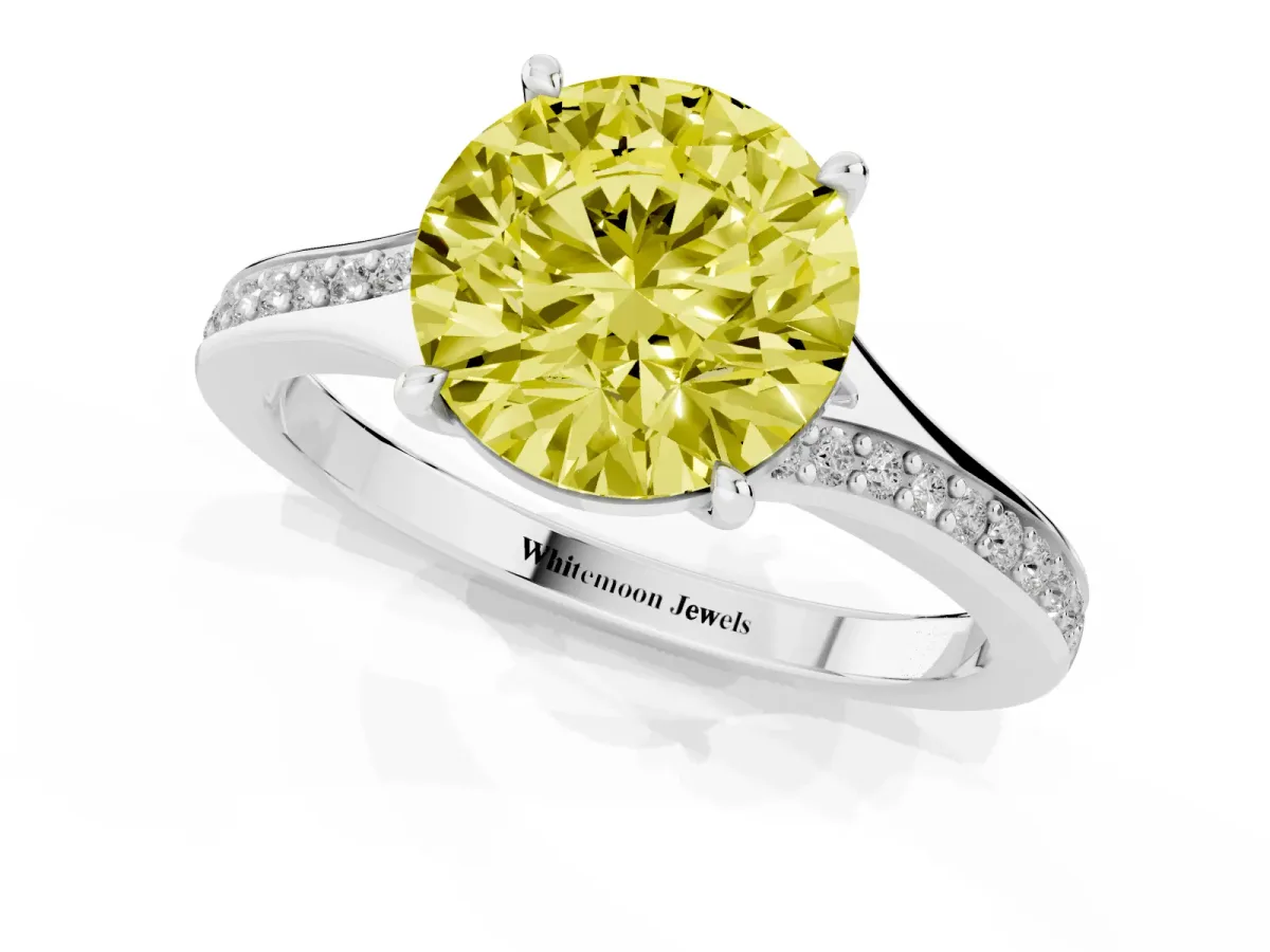 Fancy Yellow Round Cut Diamond Solitaire Ring with Pavé Band and Prong Setting Silver