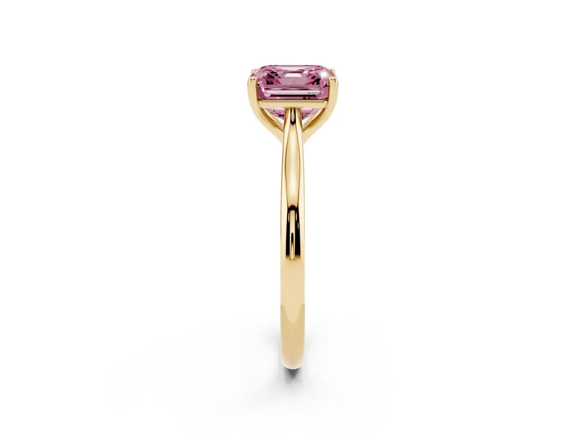 Fancy Pink Asscher Cut Cut Solitaire Ring with Cathedral Band and Four-Prong Setting Yellow gold