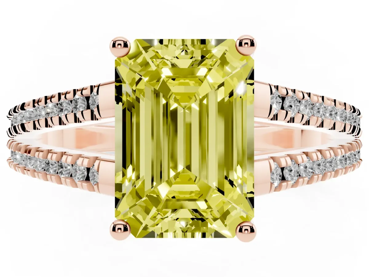 Fancy Yellow Emerald Cut Diamond Solitaire Engagement Ring with Split Shank Pavé Band Rose gold