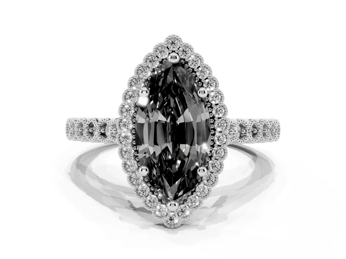 Fancy Black Marquise Cut Cut Halo Pavé Solitaire Ring with Milgrain Band White gold