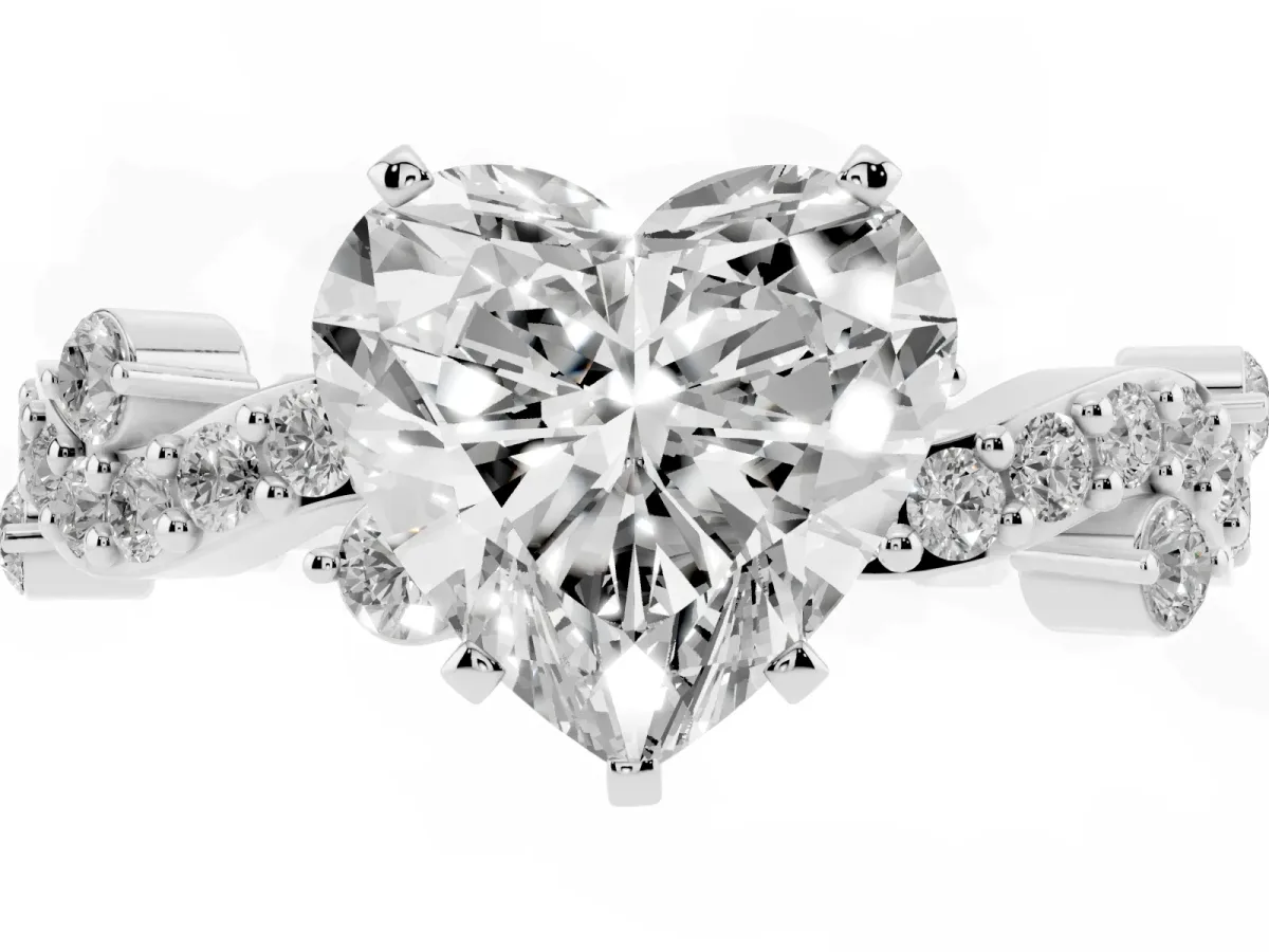 Heart Cut Cut Solitaire Diamond Twisted Band with Pave Setting White gold
