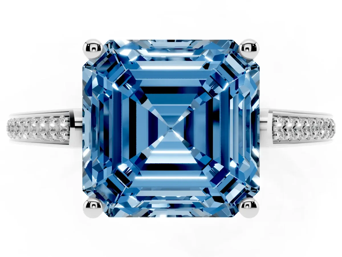 Fancy Blue Asscher Cut Cut Cathedral Pave Diamond Engagement Ring with Six-Prong Setting Silver