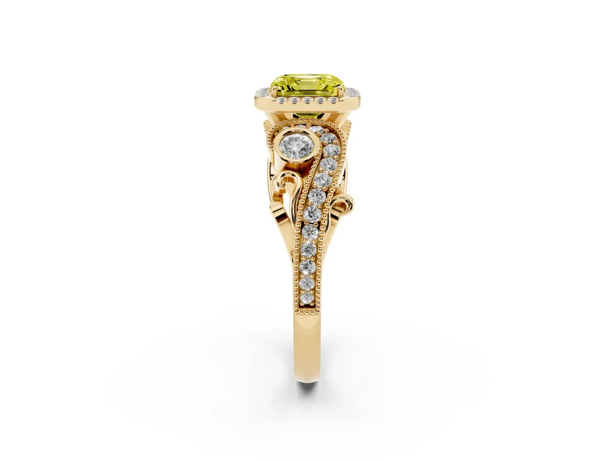 Fancy Yellow Asscher Cut Halo Diamond Ring with Milgrain and Bezel Accents on a Split Shank Band Yellow gold