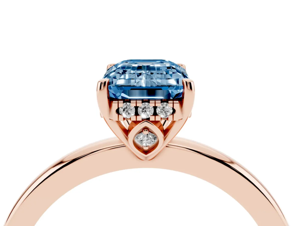Fancy Blue Emerald Cut Solitaire Diamond Ring with Prong Setting and Plain Band Rose gold