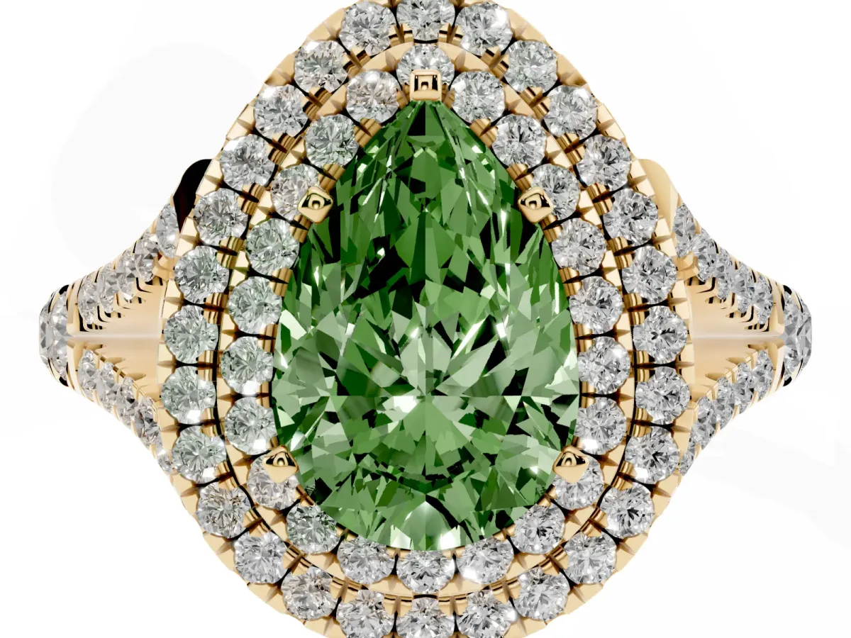 Fancy Green Pear Cut Cut Double Halo Split Shank Diamond Ring with Prong Setting Yellow gold