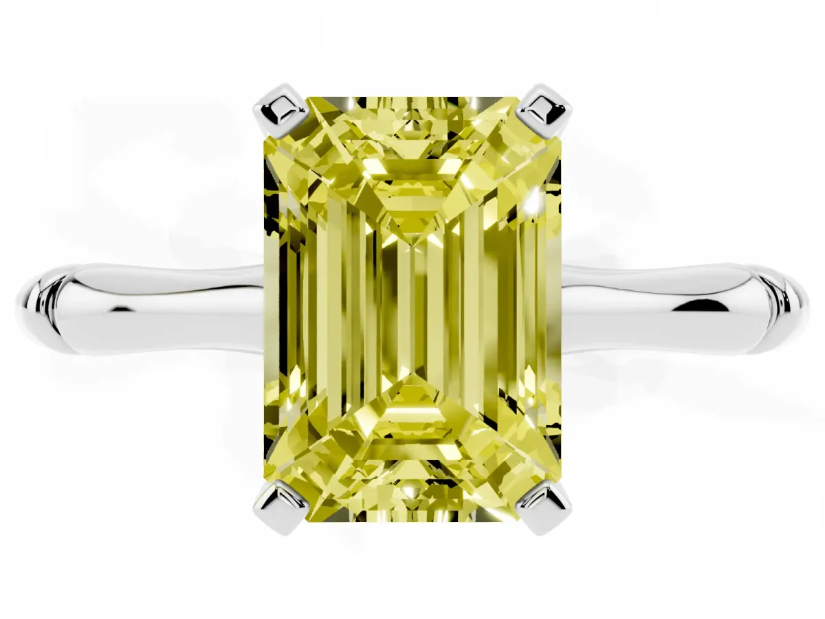 Fancy Yellow Emerald Cut Solitaire Diamond Ring with Bamboo Band and Four-Prong Setting Silver