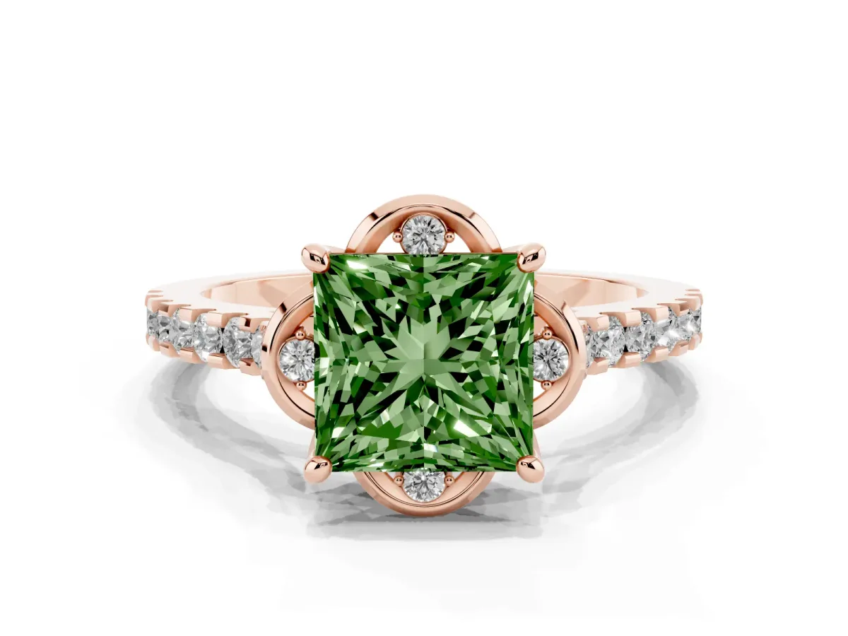 Fancy Green Princess Cut Diamond Ring with Pavé Band and Floral Prong Setting Rose gold