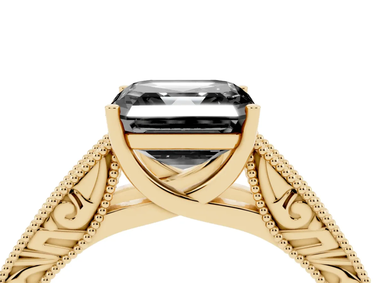 Fancy Black Asscher Cut Diamond Solitaire Ring with Engraved Band and Four-Prong Setting Yellow gold