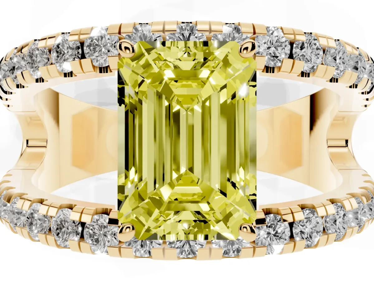 Fancy Yellow Emerald Cut Solitaire Split Shank Pave Diamond Ring Yellow gold