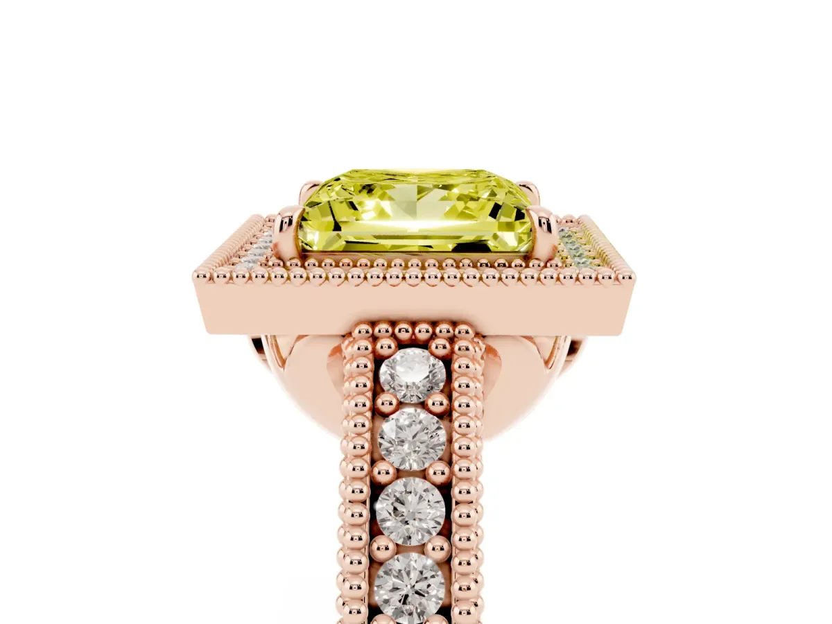 Fancy Yellow Princess Cut Cut Halo Diamond Ring with Pavé Band and Four-Prong Setting Rose gold