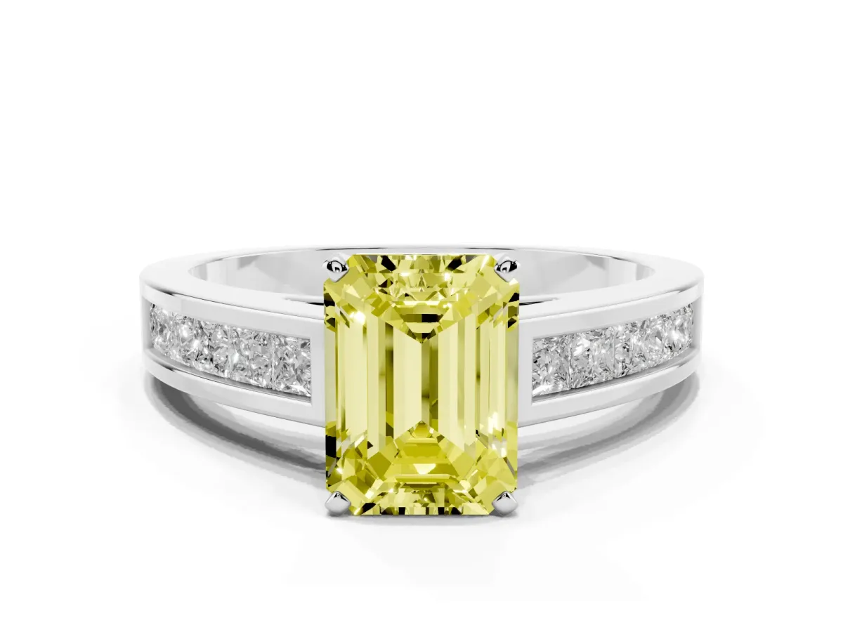 Fancy Yellow Emerald Cut Solitaire Diamond Ring with Channel-Set Band and Four-Prong Setting Silver