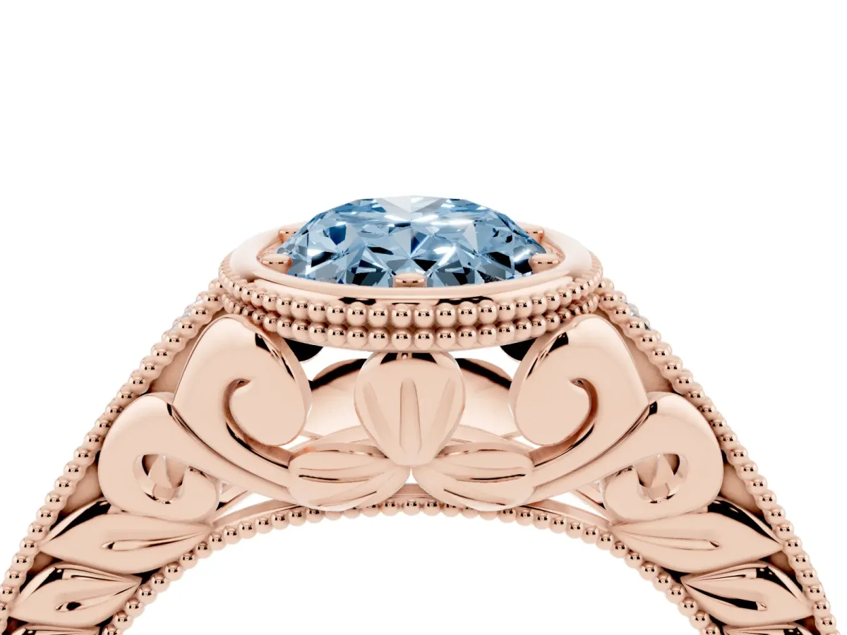 Fancy Blue Bezel Set Oval Cut Diamond Milgrain Pave Engagement Ring Rose gold