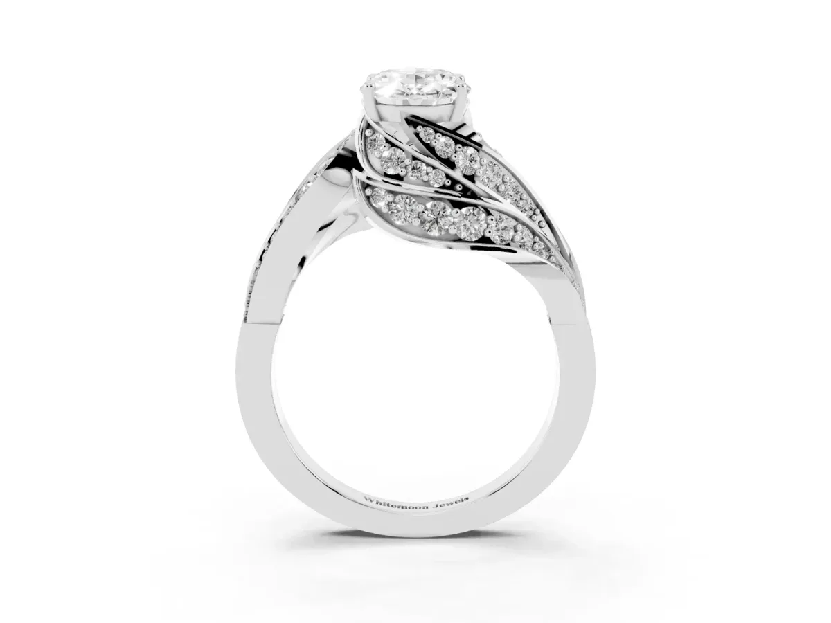 Oval Cut Diamond Solitaire Ring with Prong Setting and Twisted Pavé Band Silver