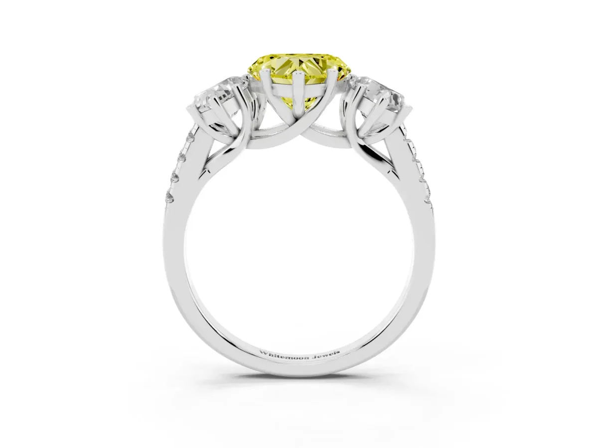 Fancy Yellow Three-Stone Heart Cut Diamond Ring with Round Pavé Band and Prong Setting Silver