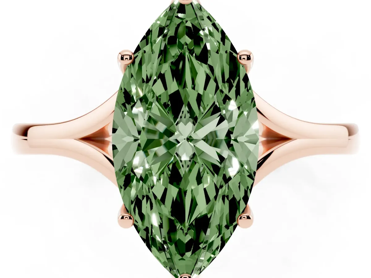 Fancy Green Marquise Cut Solitaire Diamond Ring with Six-Prong Setting and Tapered Band Rose gold