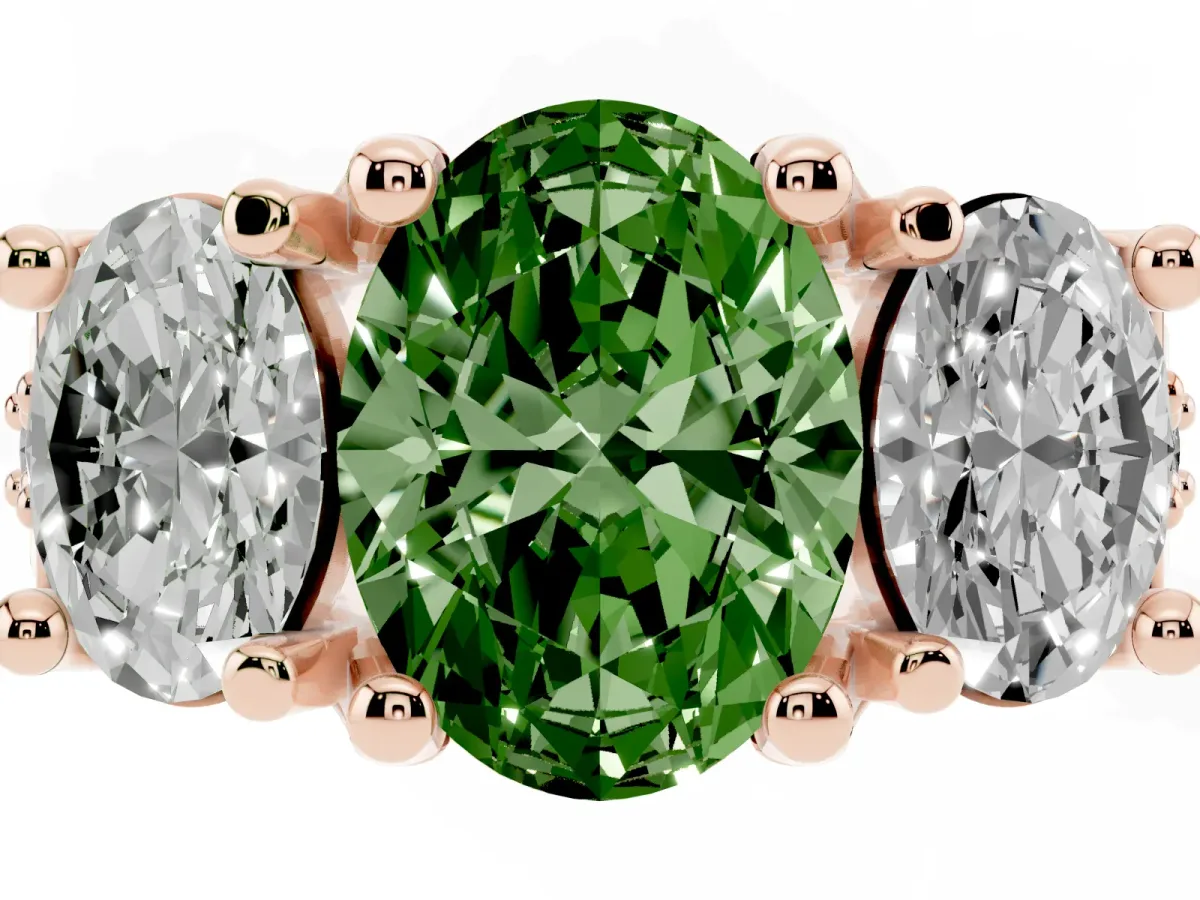 Fancy Green Oval Cut Diamond Three-Stone Ring with Channel Set Band and Four-Prong Setting Rose gold