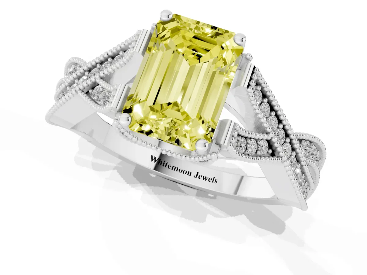 Fancy Yellow Emerald Cut Cut Diamond Twisted Band with Milgrain Pave Setting and Four-Prong Setting Silver