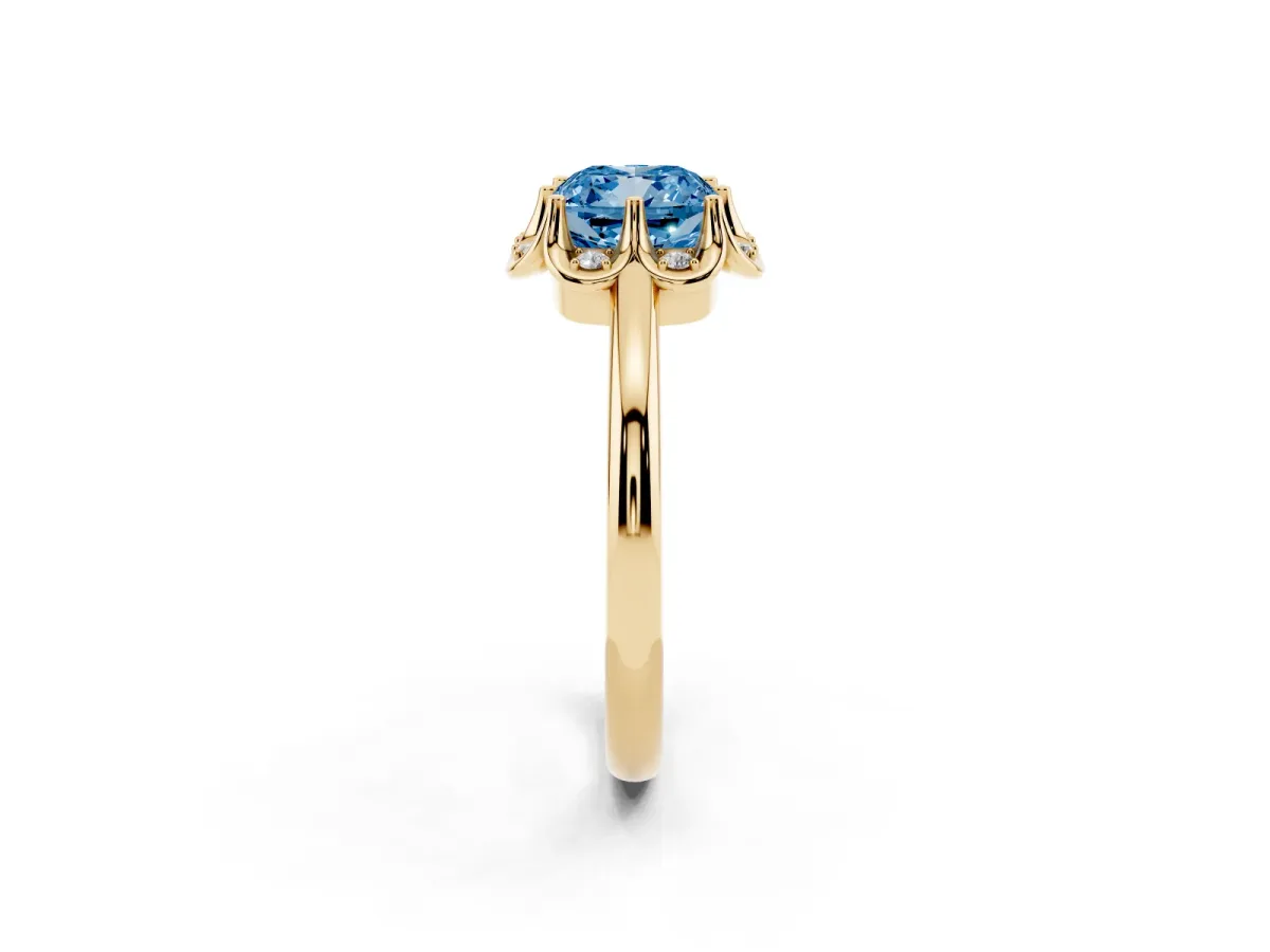Fancy Blue Cushion Cut Halo Diamond Ring with Round Cluster Setting, Solitaire Band, and Four-Prong Setting Yellow gold
