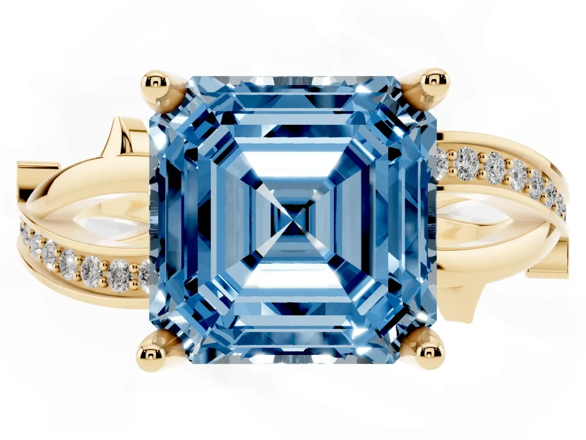 Fancy Blue Asscher Cut Solitaire Twist Band with Pavé Accents and Four-Prong Setting Yellow gold
