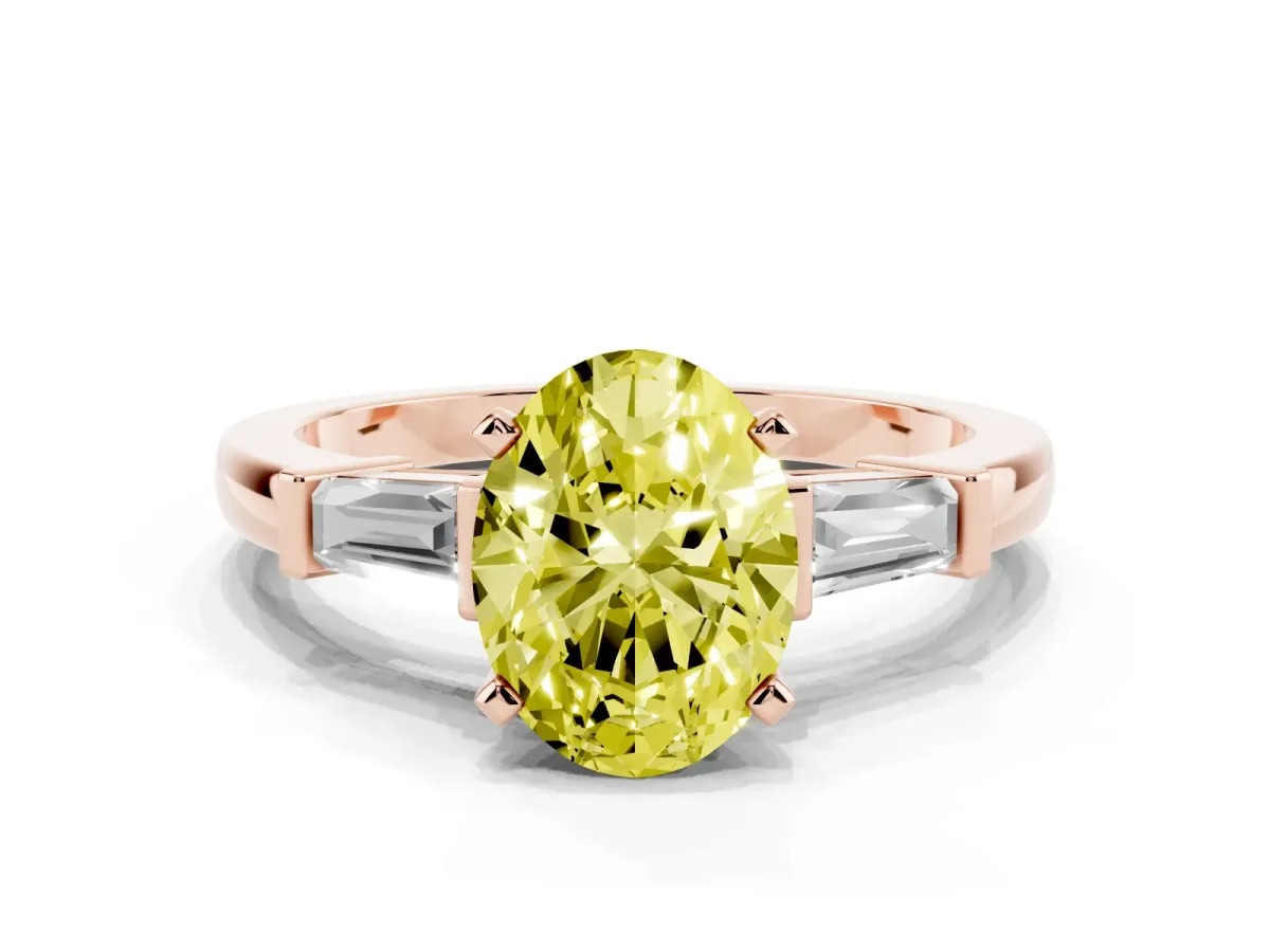Fancy Yellow Oval Cut Cut Diamond Solitaire Ring with Tapered Baguette Accents and Four-Prong Setting Rose gold