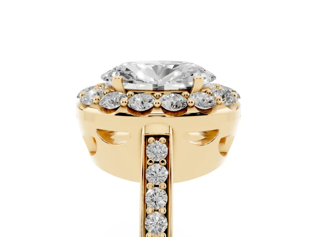 Oval Cut Diamond Floral Halo Ring with Pavé Band and Prong Setting Yellow gold