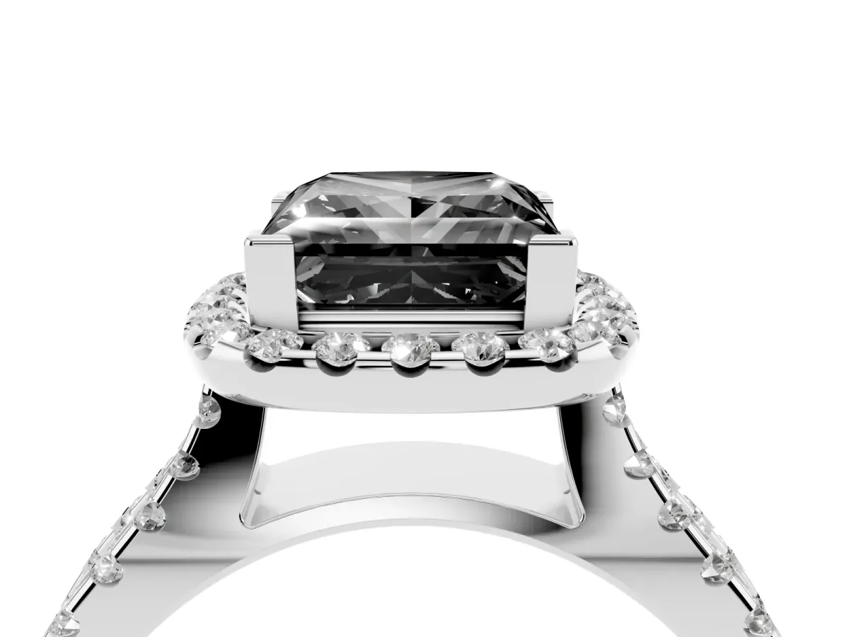 Fancy Black Princess Cut Diamond Halo Ring with Split Shank Pavé Band and Prong Setting Silver
