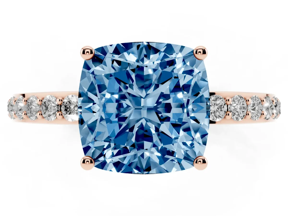Fancy Blue Cushion Cut Diamond Solitaire Ring with Pavé Band and Hidden Halo Rose gold