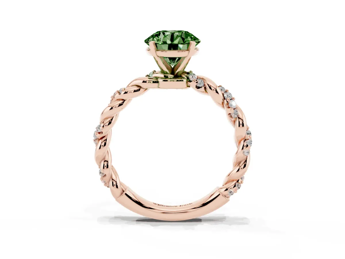 Fancy Green Round Cut Diamond Solitaire Ring with Twisted Band and Pavé Accents Rose gold