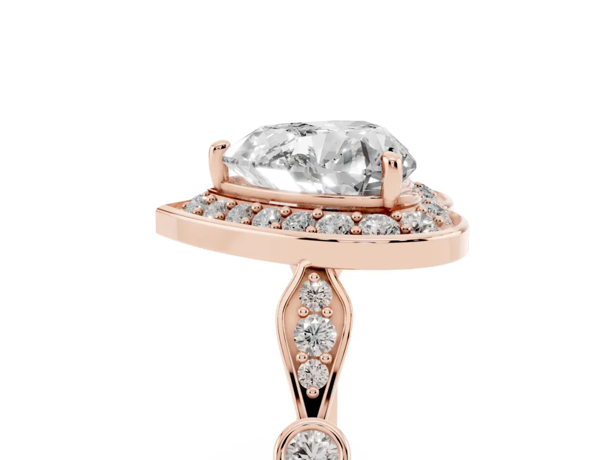 Heart Cut Halo Diamond Engagement Ring with Twisted Band and Four-Prong Setting Rose gold