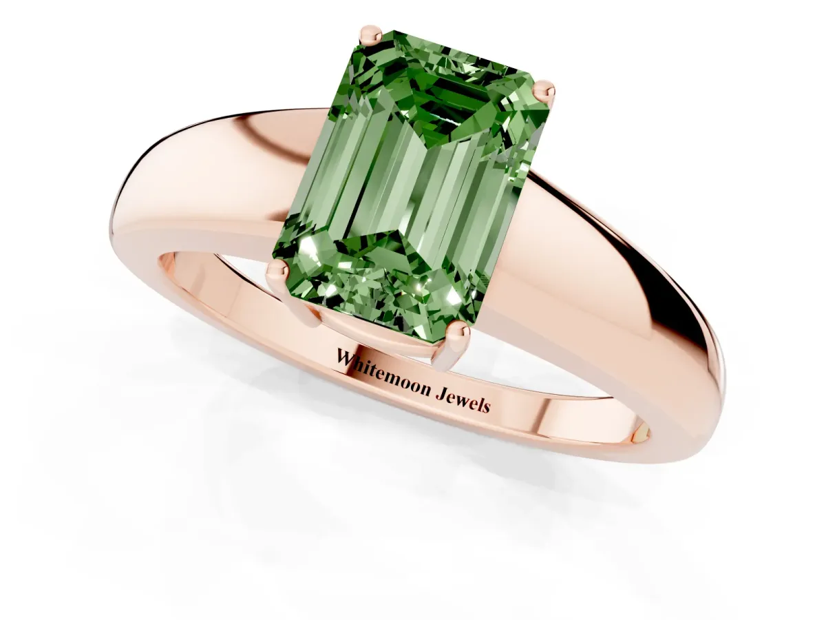 Fancy Green Emerald Cut Solitaire Diamond Ring with Tapered Band and Four-Prong Setting Rose gold