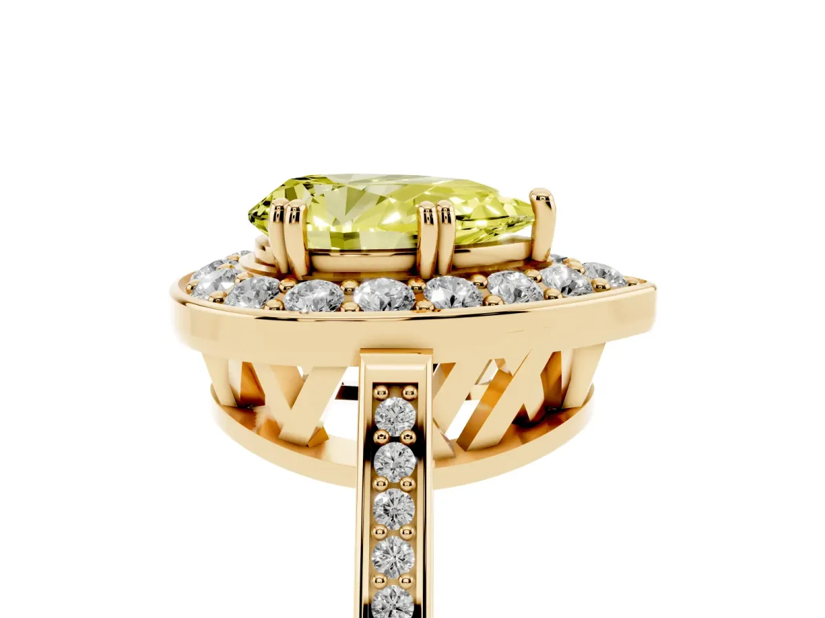 Fancy Yellow Pear Cut Diamond Halo Ring with Split Shank and Four-Prong Setting Yellow gold