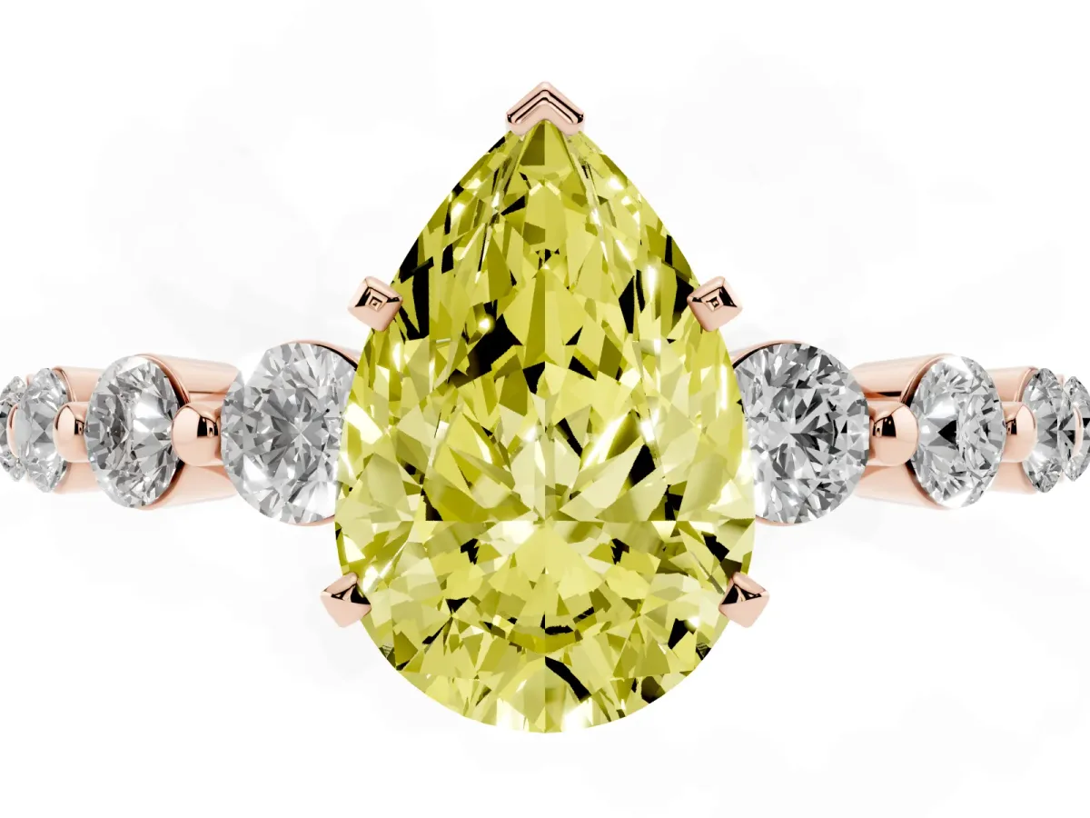 Fancy Yellow Pear Cut Solitaire Diamond Ring with Pave Band and Four-Prong Setting Rose gold