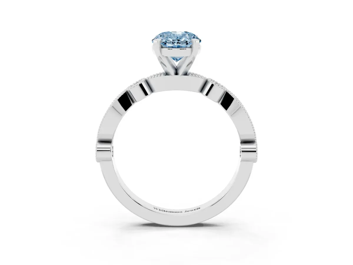 Fancy Blue Oval Cut Milgrain Bezel Diamond Engagement Ring with Solitaire Prong Setting Silver