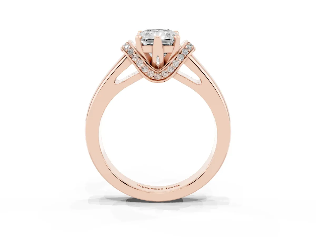 Radiant Cut Solitaire Diamond Ring with Pave Band and Six-Prong Setting Rose gold