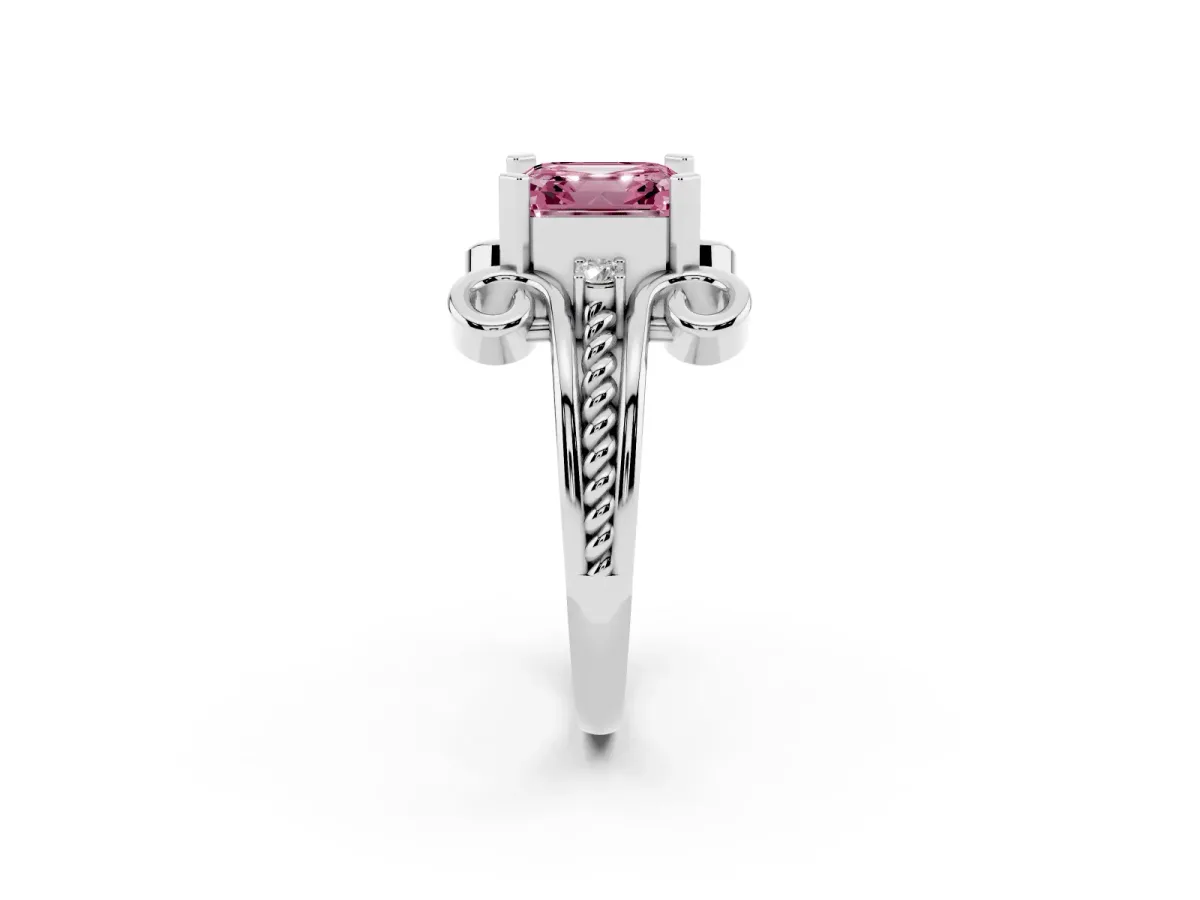 Fancy Pink Asscher Cut Solitaire Twisted Band Scroll Prong Ring White gold