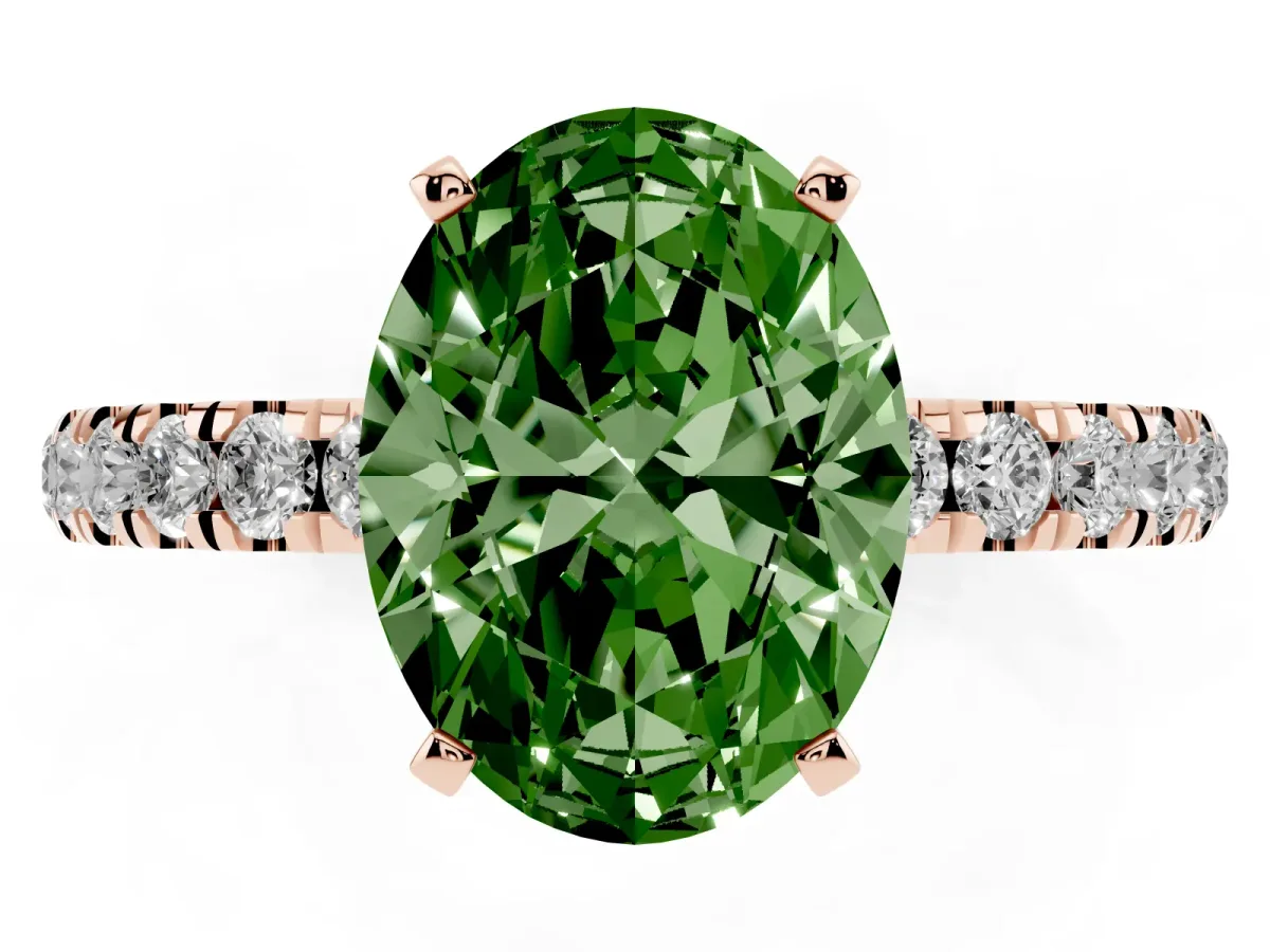 Fancy Green Oval Cut Diamond Solitaire Ring with Pavé Accents and Four-Prong Setting Rose gold
