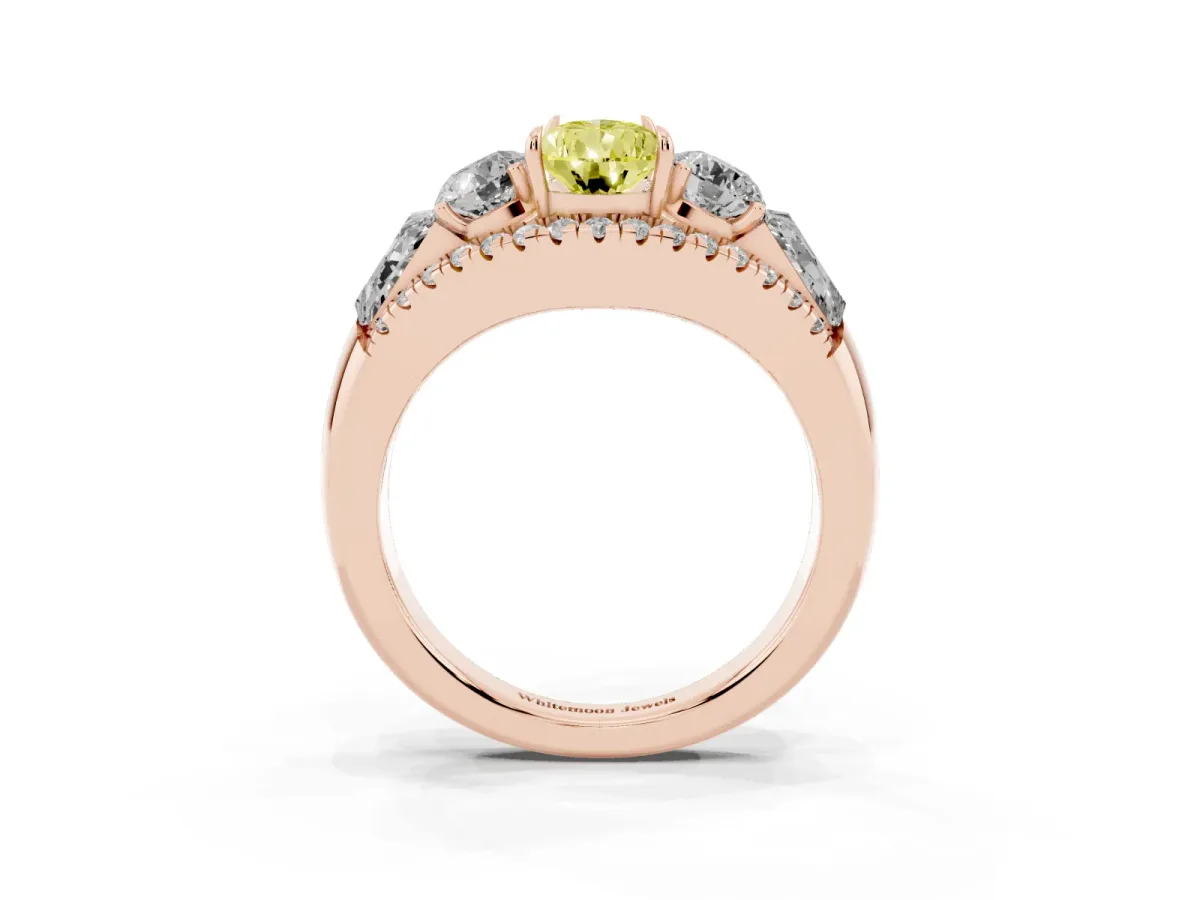 Fancy Yellow Three-Stone Pear Cut Diamond Engagement Ring with Pave Band and Prong Setting Rose gold