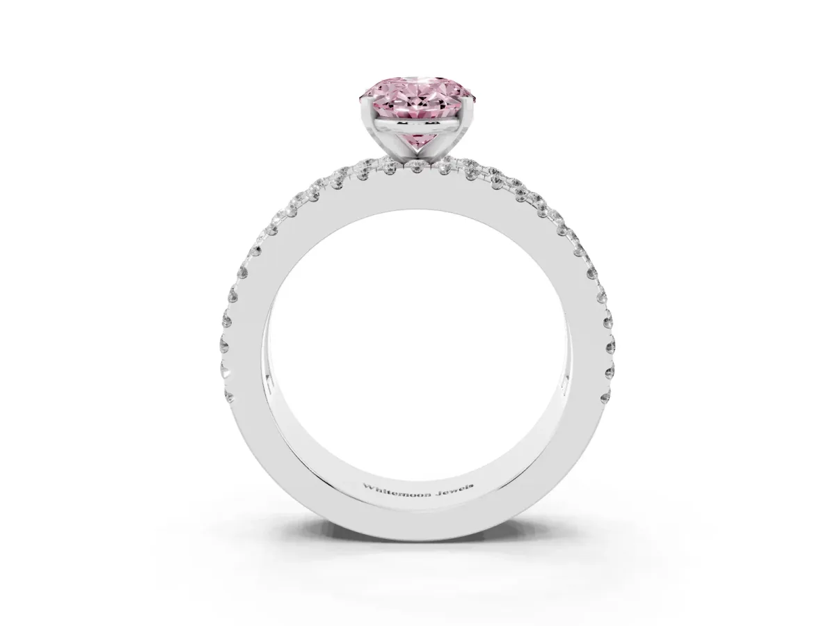 Fancy Pink Oval Cut Diamond Solitaire Ring with Pavé and Channel Set Band Silver