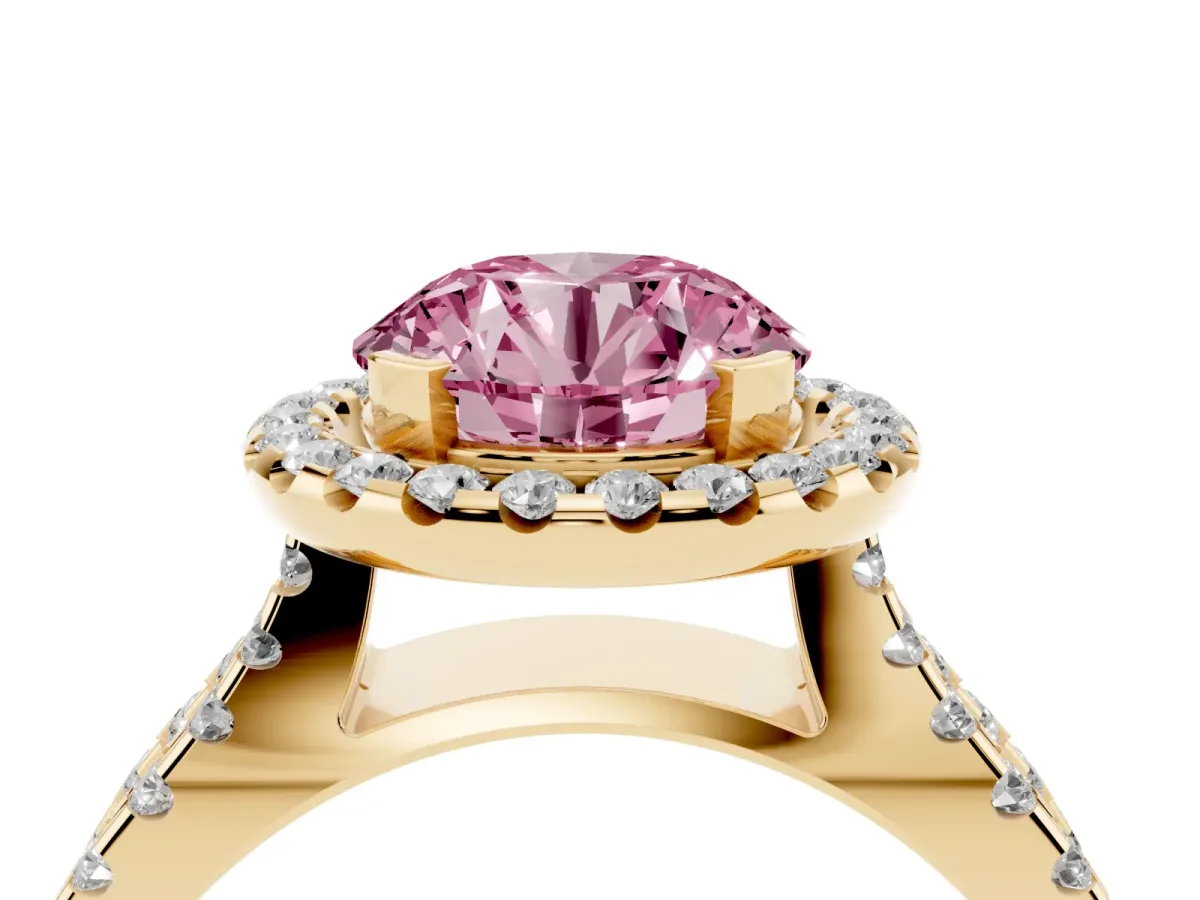 Fancy Pink Round Cut Diamond Halo Ring with Split Shank Pavé Band and Prong Setting Yellow gold