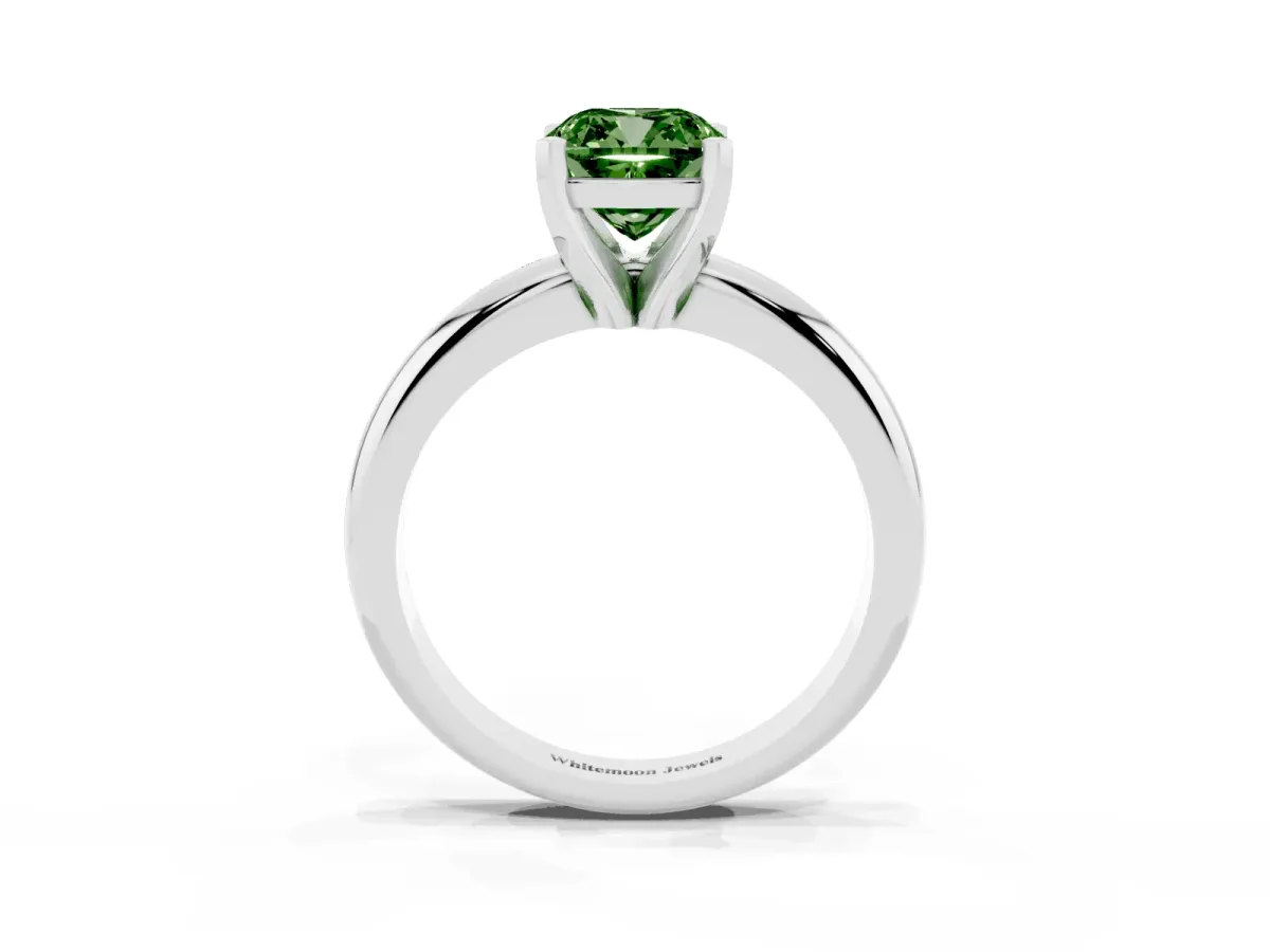 Fancy Green Cushion Cut Diamond Solitaire Engagement Ring with Round Band and Four-Prong Setting Silver