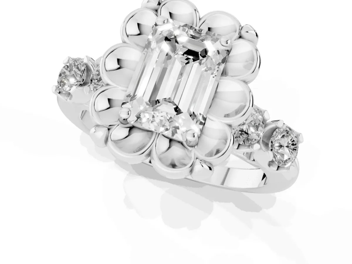 Emerald Cut Cut Diamond Floral Halo Engagement Ring with Shared Prong Setting Platinum