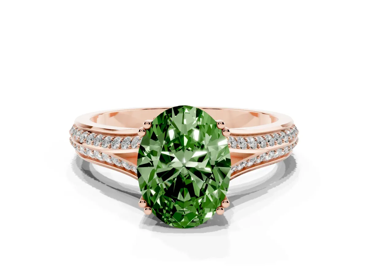 Fancy Green Oval Cut Diamond Split Shank Engagement Ring with Pavé Band Rose gold