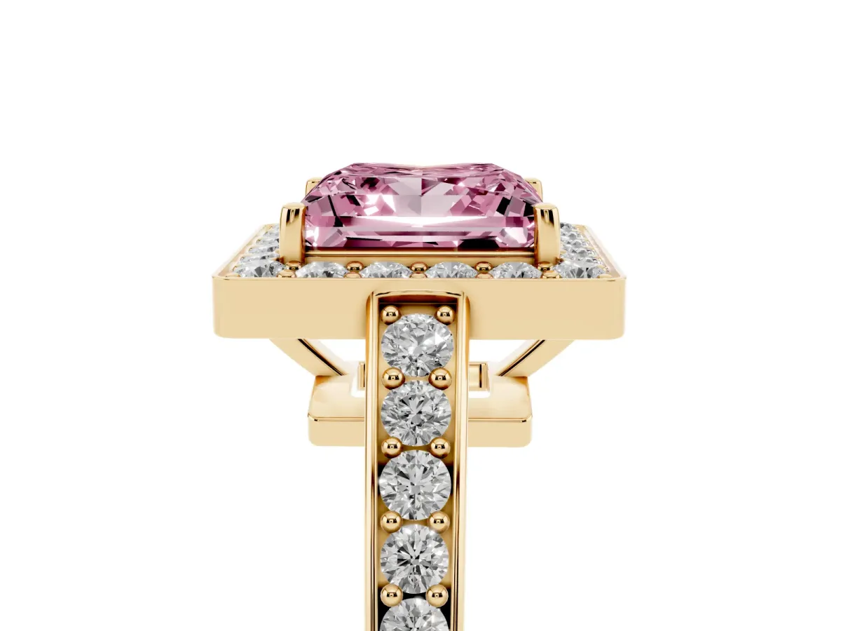 Fancy Pink Princess Cut Halo Pavé Diamond Engagement Ring with Bezel Setting Yellow gold