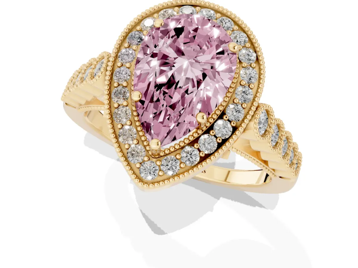 Fancy Pink Pear Cut Halo Milgrain Solitaire with Bezel Set Side Stones and Pave Band Yellow gold